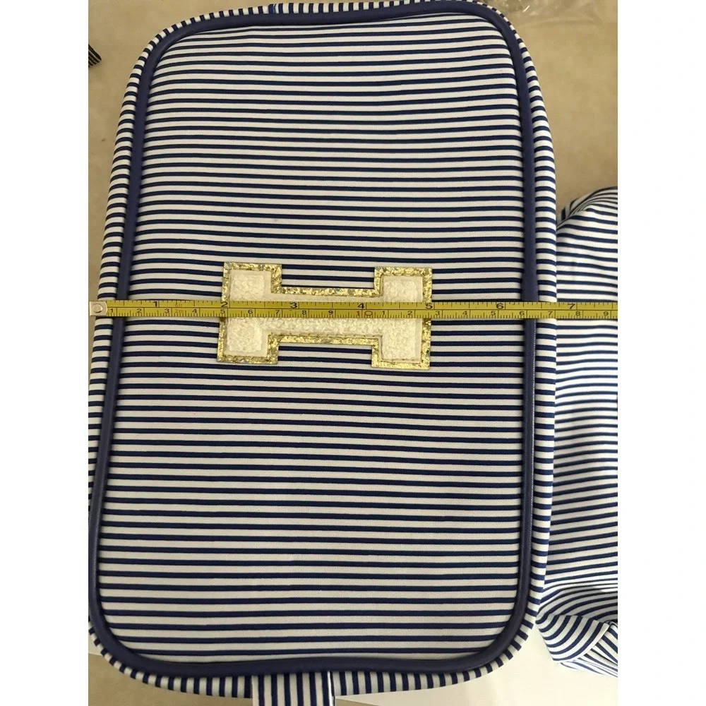 2 NEW Navy Blue & White Striped Fabric Bags Zipper, Makeup, Craft, Monogram 'I'